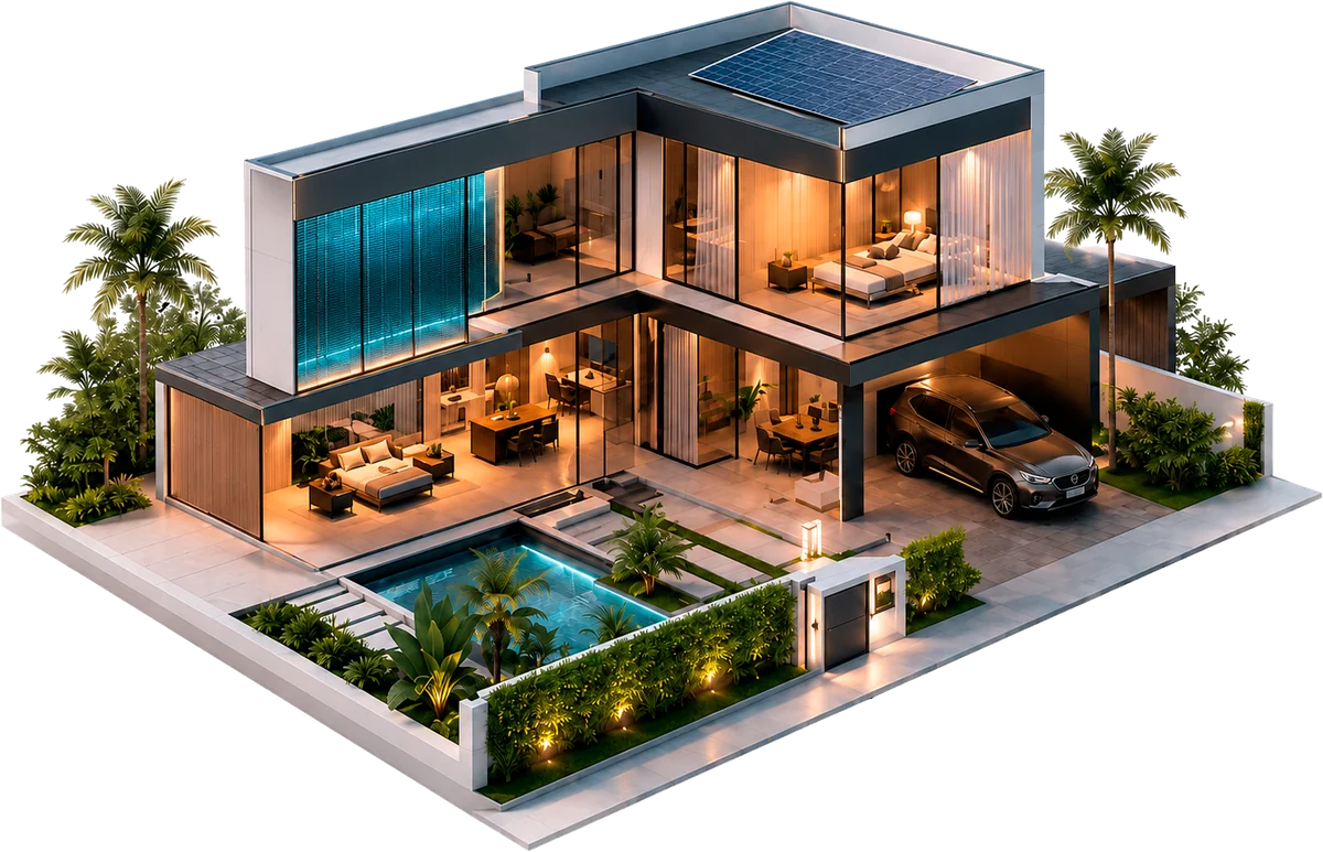 Casa inteligente ATS em vista isométrica, com vidros, automação, rede e segurança integrados.